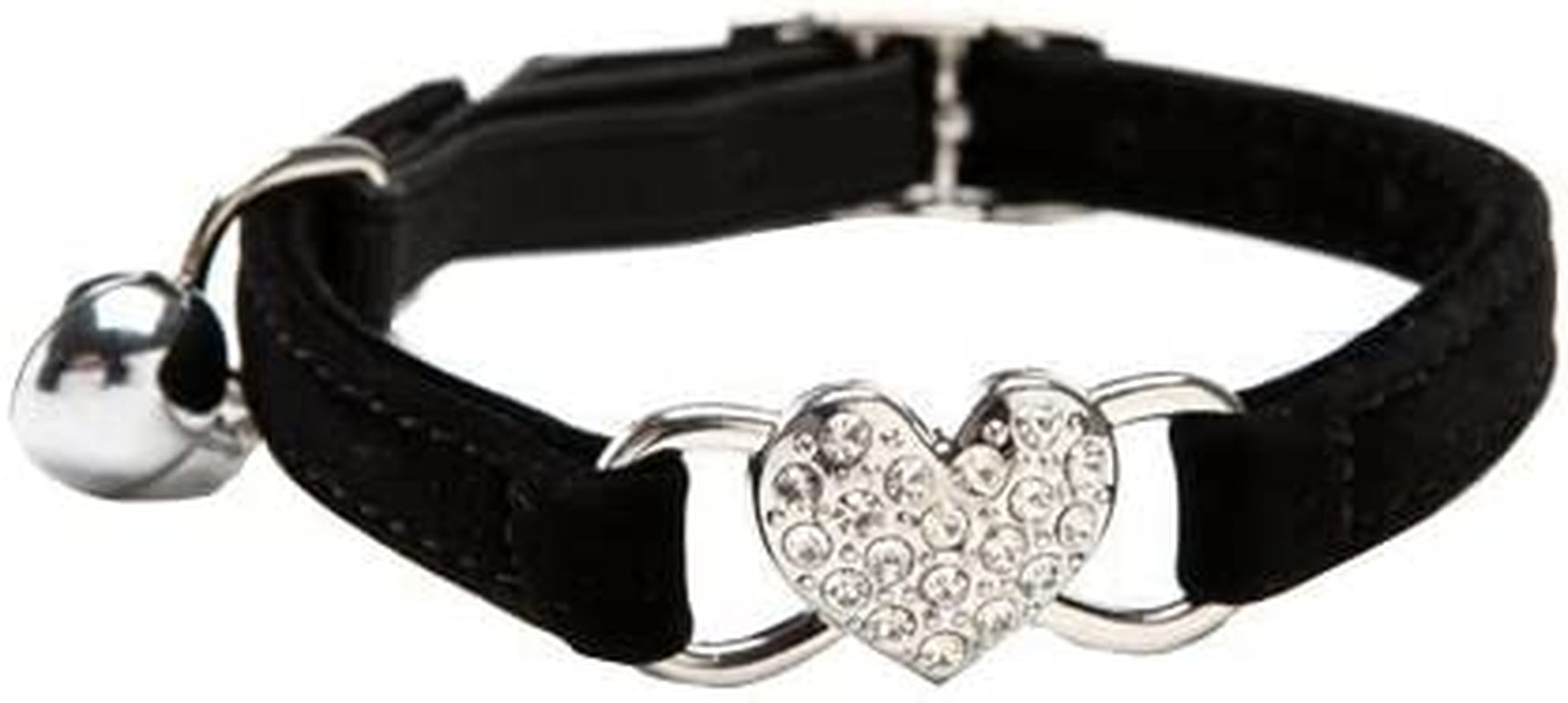 Heart Bling Cat Collar with Safety Belt and Bell 8-11 Inches (Black)