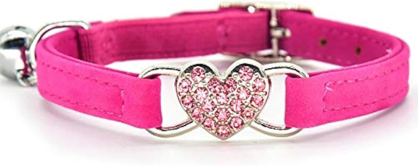 Heart Bling Cat Collar with Safety Belt and Bell 8-11 Inches (Black)