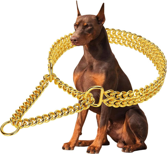 Gold Dog Chain Collar Stainless Steel 18K Gold Dog Collar Adjustable Walking, Metal Cuban Link Dog Collar Chew Proof Double Row Chain Dog Collar for Large Small Medium Dogs