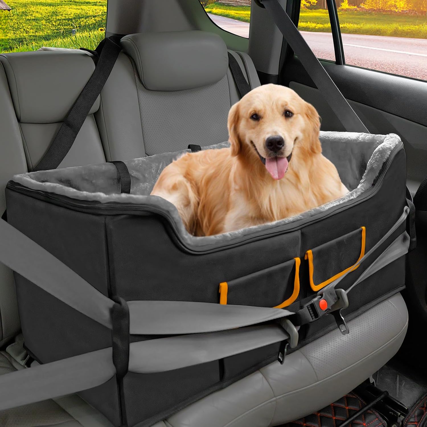 Dog Car Seat for Small Dogs, Elevated Dog Booster Seat Pet Travel Carrier Bed for Car with Adjustable Straps Lookout Pet Car Booster Seat for Small Dogs Cats