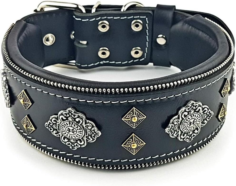 "Aztec Black Genuine Leather Big Dog Collar. Unique Rivet Design. Soft Padded