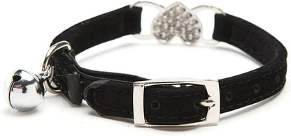 Heart Bling Cat Collar with Safety Belt and Bell 8-11 Inches (Black)