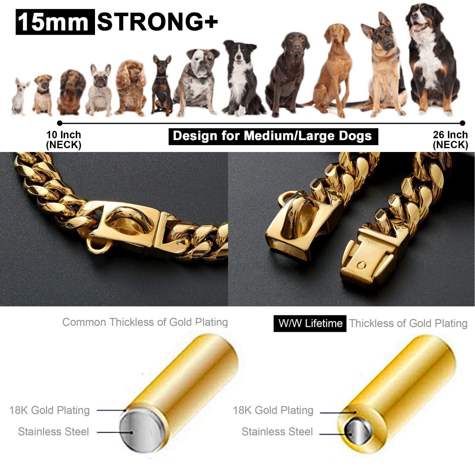 Gold Dog Collar Big Dog Collar Stainless Steel Large Dog Outdoor Walking Chain